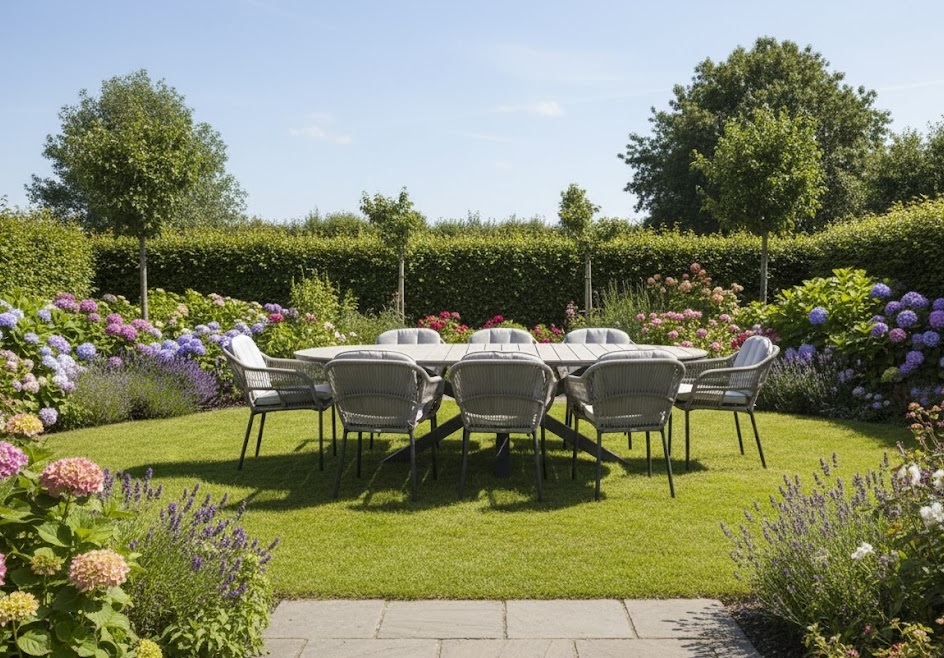 Pescara dining sand (8) met Edsion 280 x 140 cm tafel