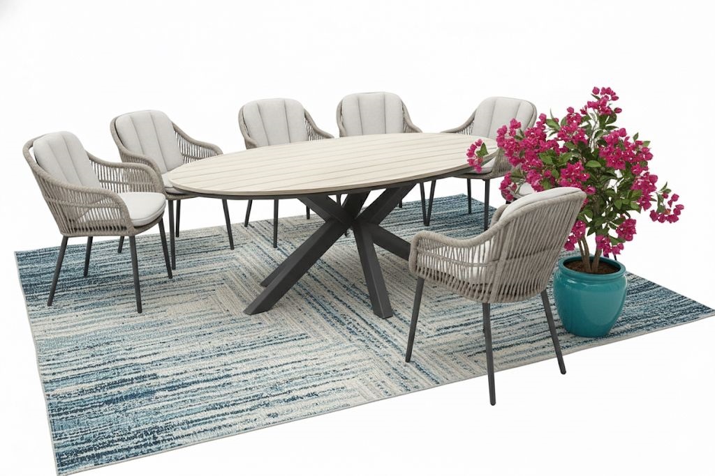 Pescara dining sand (8) met Edsion 280 x 140 cm tafel