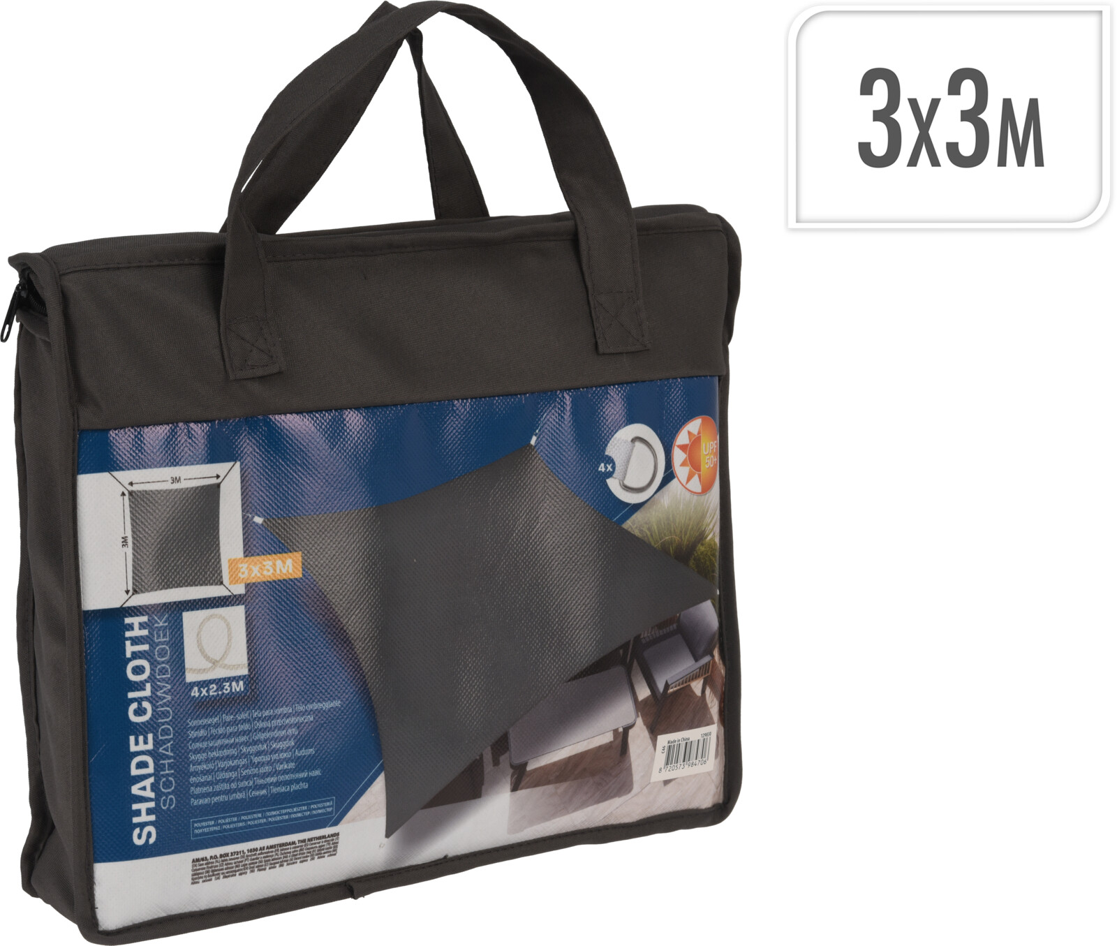 Schaduwdoek vierkant 3 x 3 meter, donkergrijs