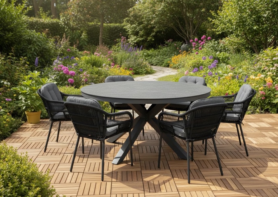 Set Pescara zwart (6) met 140 cm Bianca tafel