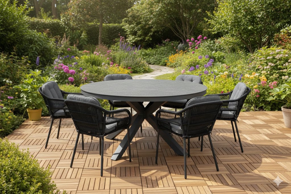 Set Pescara zwart (6) met 140 cm Bianca tafel