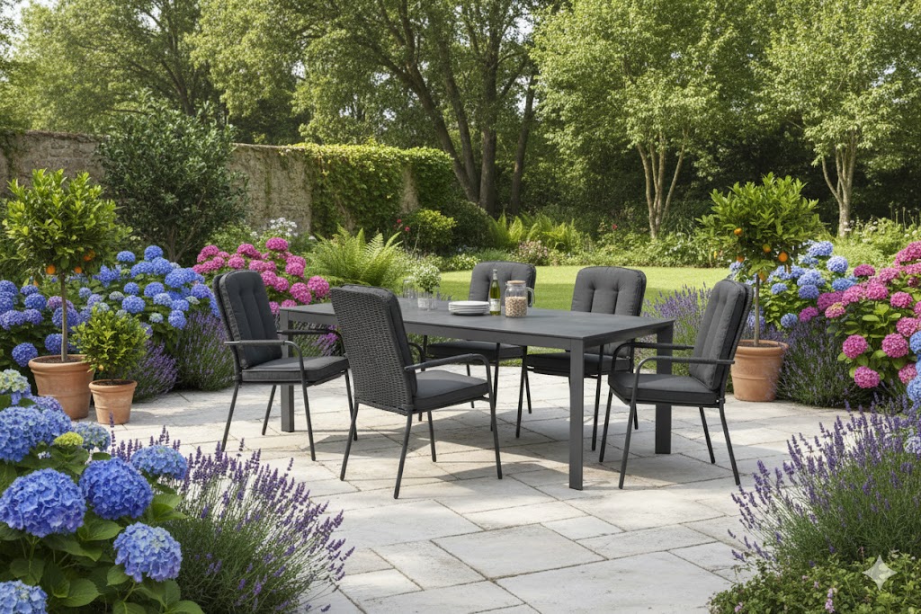 Set Venice zwart (6) met Bianca 220 x 100 cm tafel